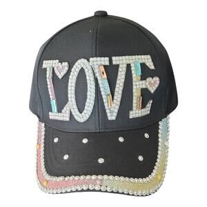 LOVE Baseball Cap‎ with Rhinestone Embellishments Adjustable Strap Back Black